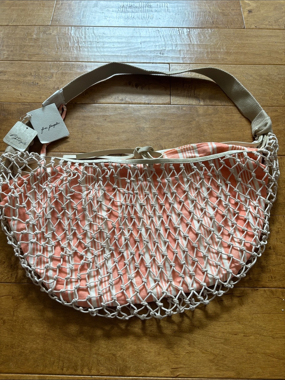 Free People Handcrafted Coral & Cream Knotted Net Crossbody or Shoulder Bag NWT
